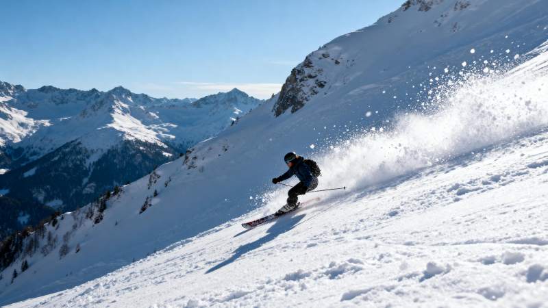 雪山滑雪者疾驰而下图片