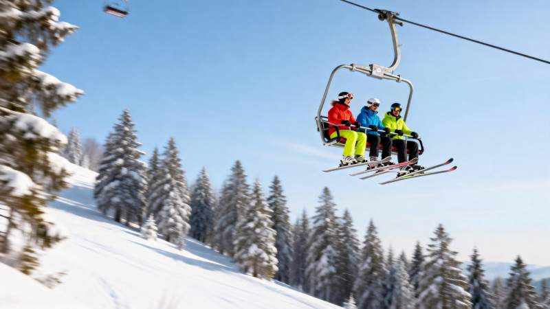 滑雪缆车上的欢乐时光图片