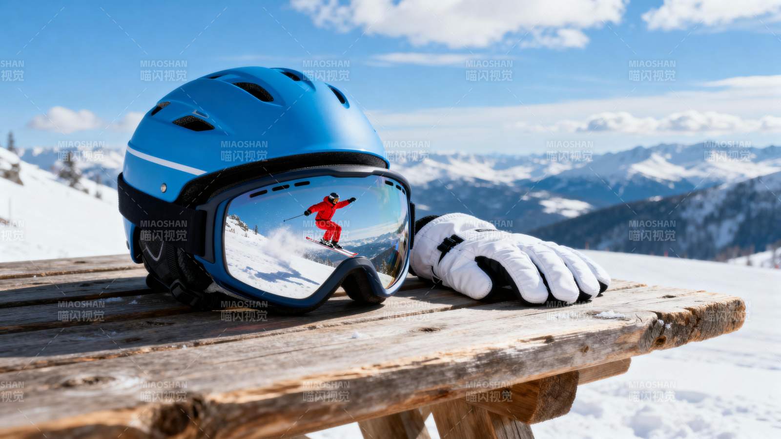 雪山滑雪装备静置图片