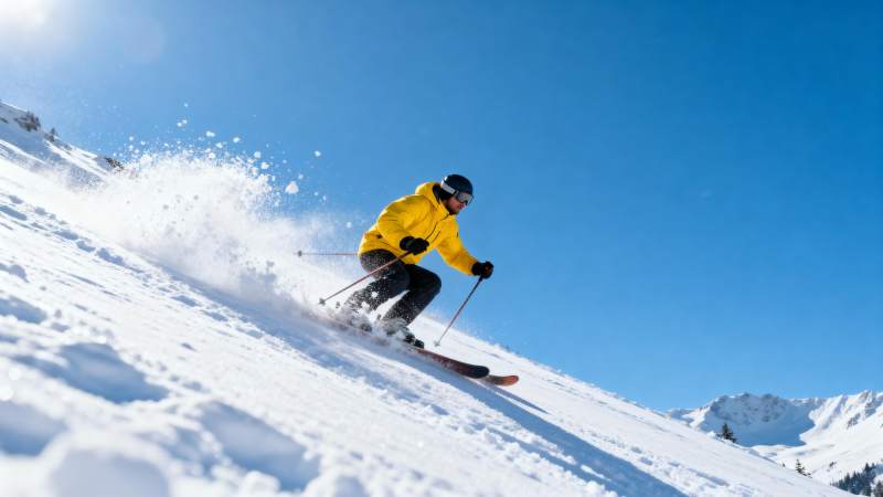 滑雪者疾驰雪坡图片