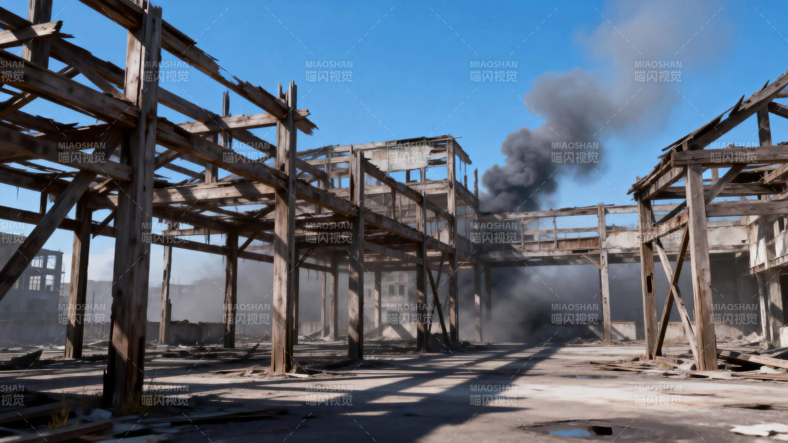 废墟中升起浓烟图片