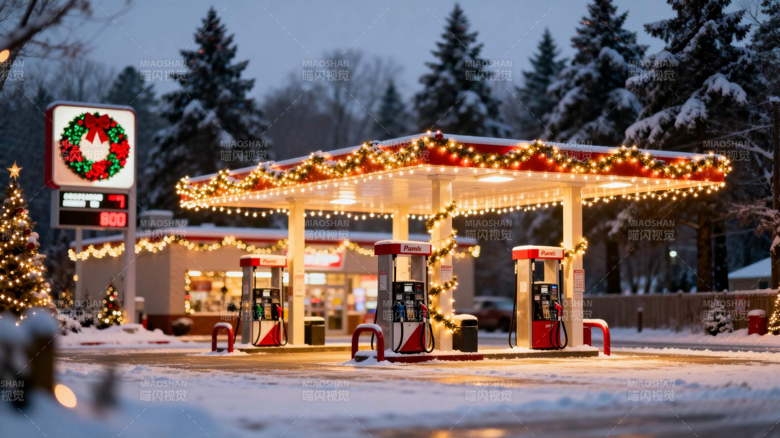 雪夜加油站圣诞灯饰图片
