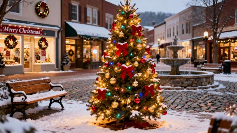 圣诞树点亮小镇夜景图片