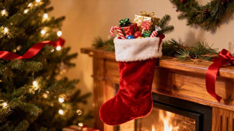 圣诞袜挂壁炉旁图片