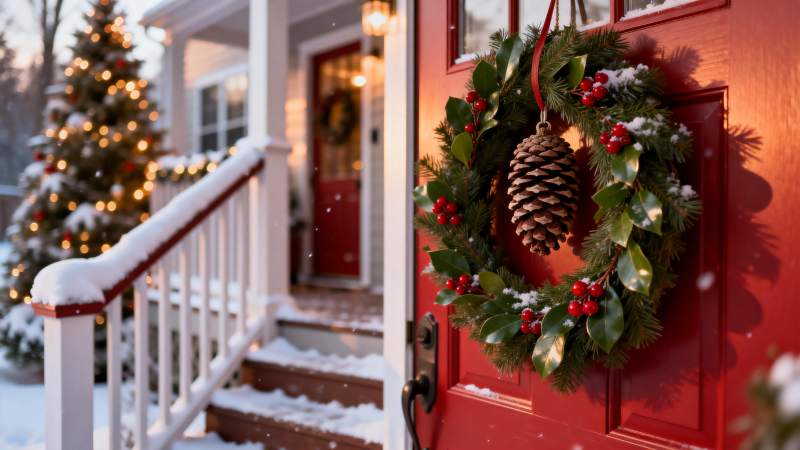 圣诞雪景门前花环图片