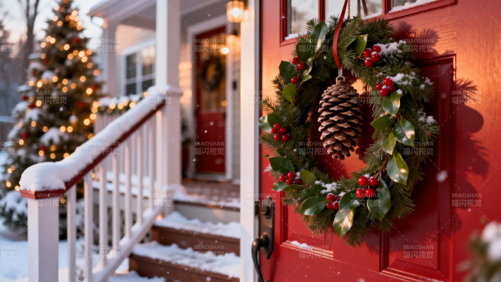 圣诞雪景门前花环图片