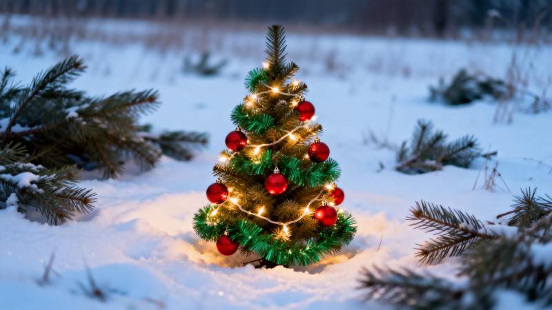 雪地里的圣诞树图片