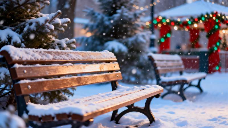 雪中长椅静谧冬景图片