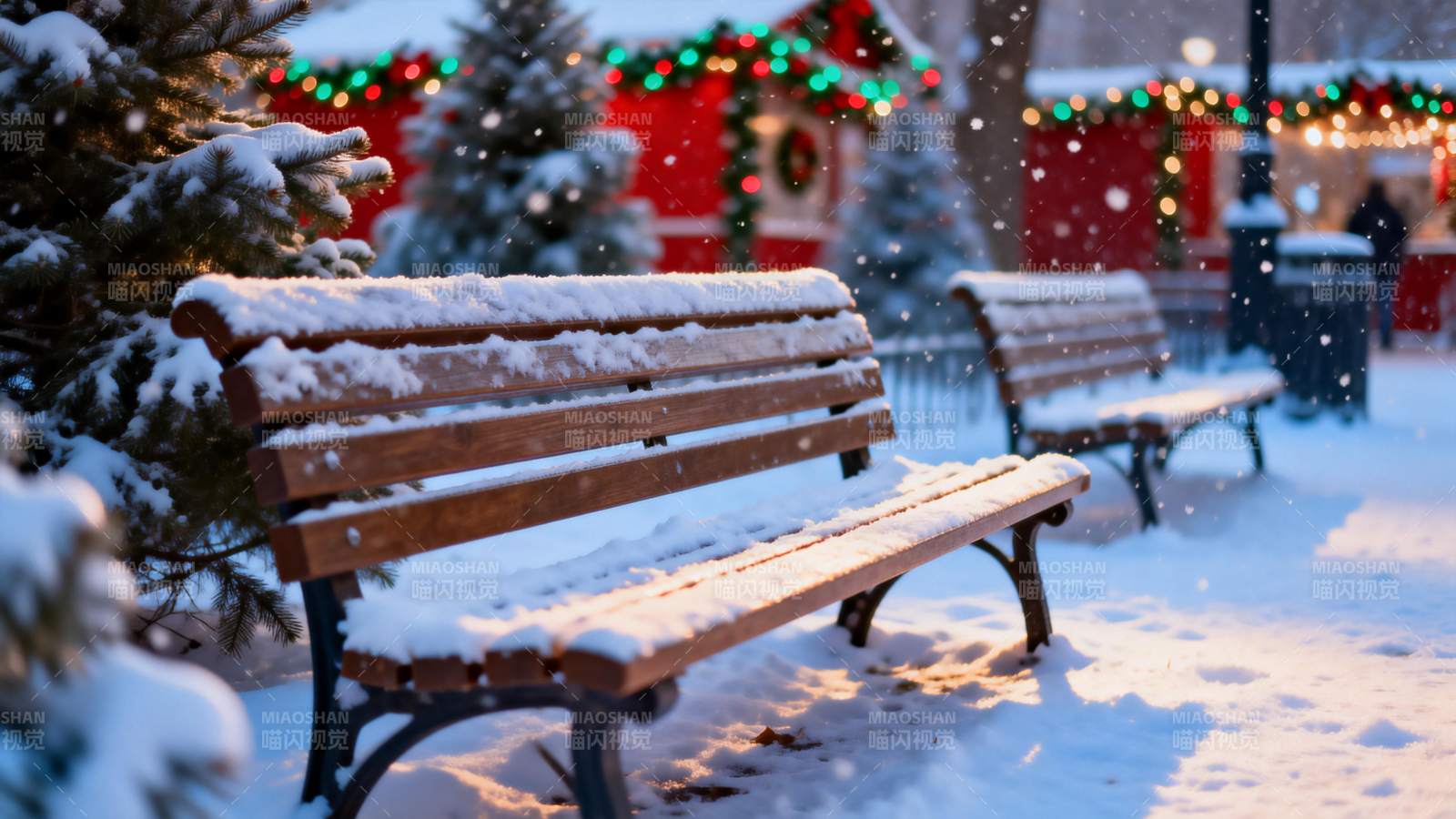 雪中长椅静谧冬景图片