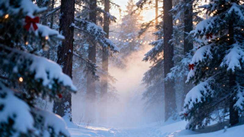 雪林晨曦图片