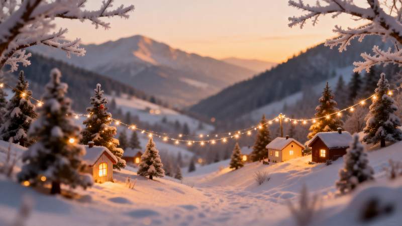 雪夜小屋灯火温馨图片