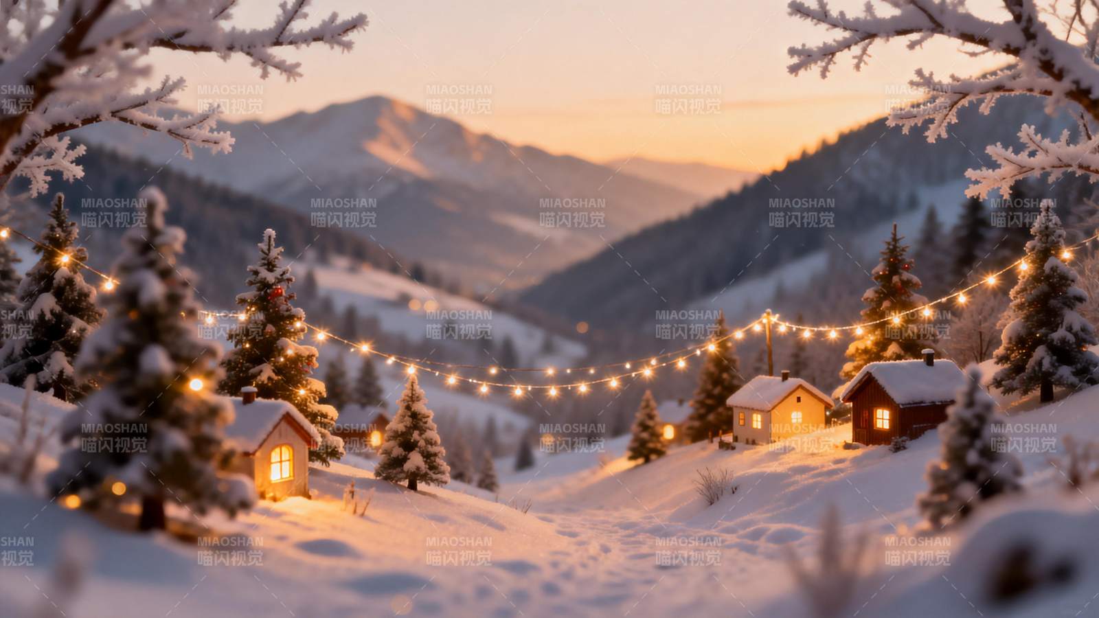 雪夜小屋灯火温馨图片