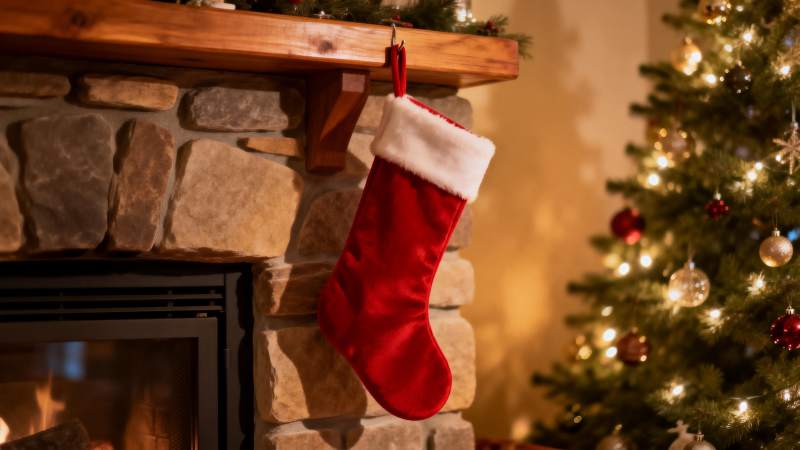 圣诞袜挂壁炉旁图片