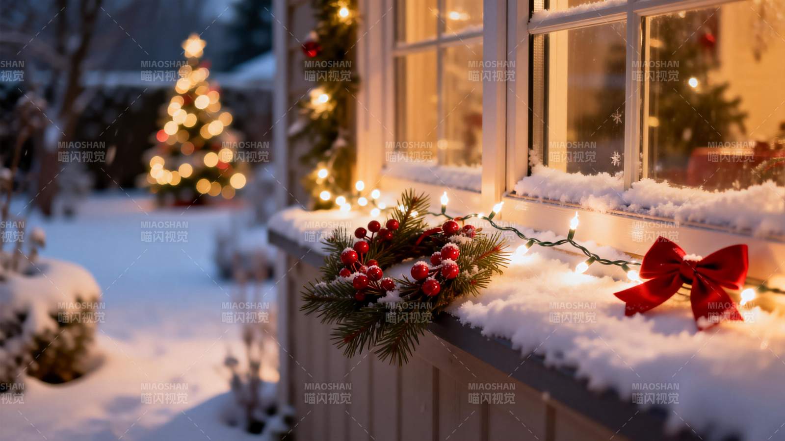 雪夜窗前圣诞景图片