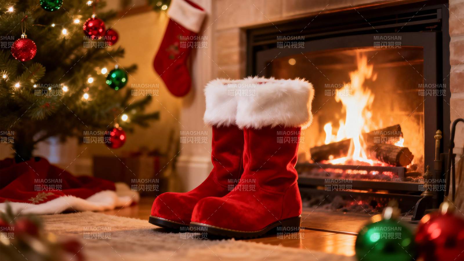 圣诞暖炉前的红靴图片