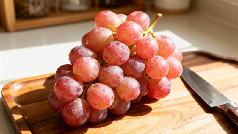 红葡萄静置于砧板图片