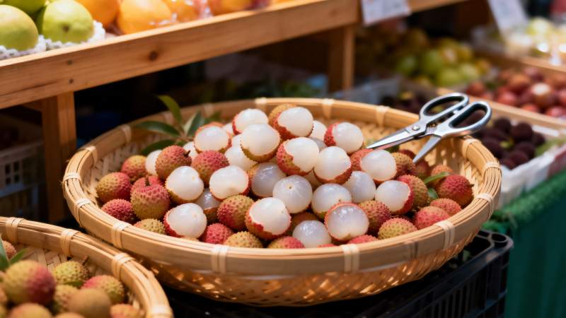 新鲜荔枝摆摊售卖图片