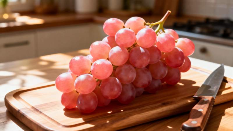 红葡萄静置于砧板图片