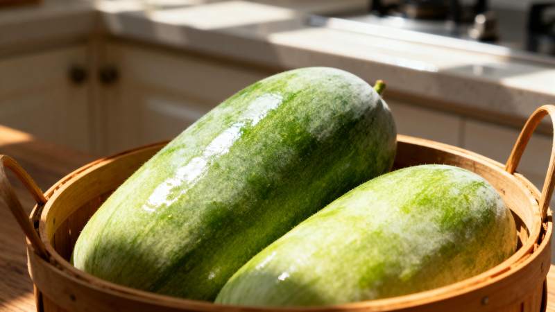 新鲜冬瓜置于竹篮图片