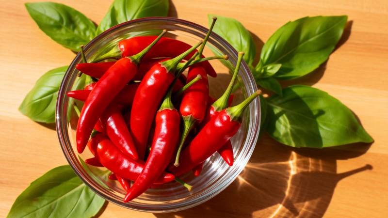 红椒与绿叶相伴图片