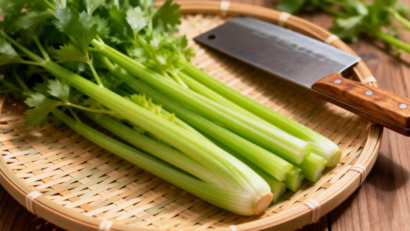 新鲜芹菜与刀具图片