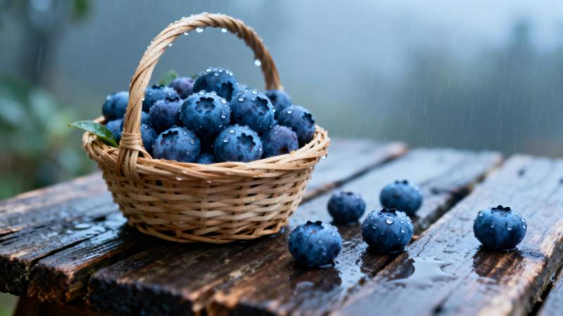 雨中蓝莓篮图片