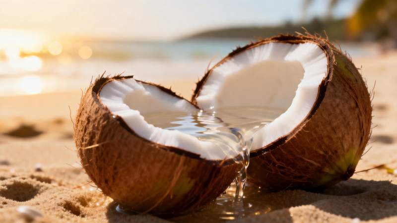 椰子水滴落沙滩图片