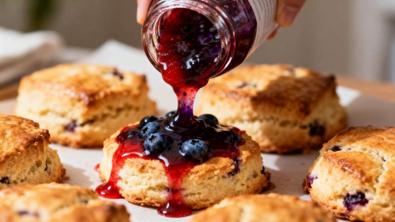 蓝莓酱淋在司康上图片
