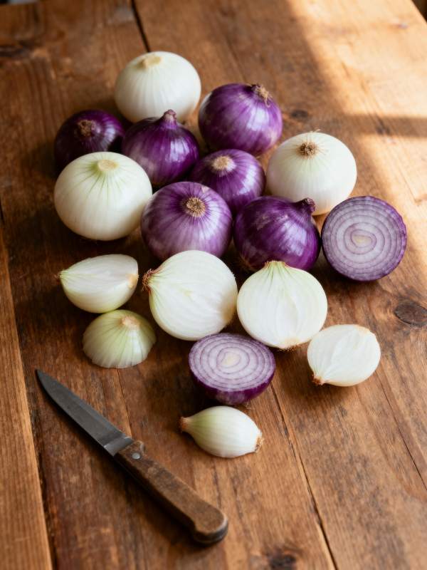 洋葱与刀具静物图片