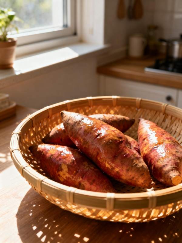 红薯篮中阳光照图片