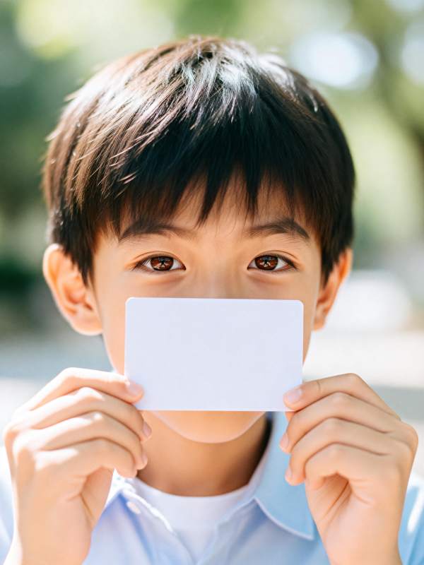 男孩手持白卡遮面图片