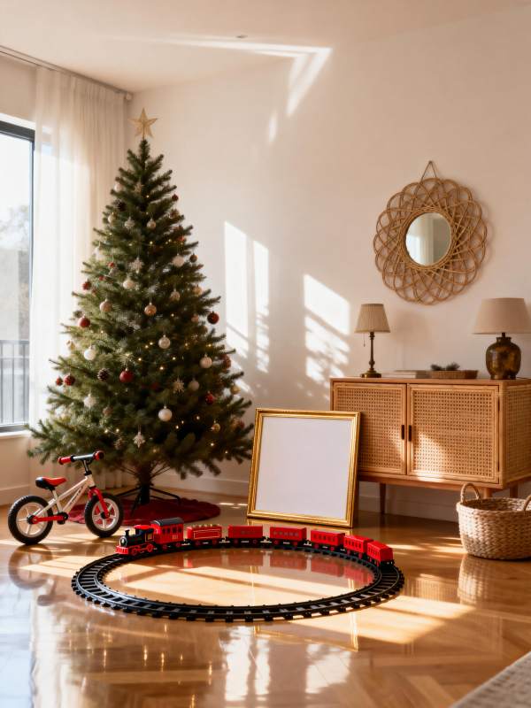 圣诞树旁的玩具火车图片