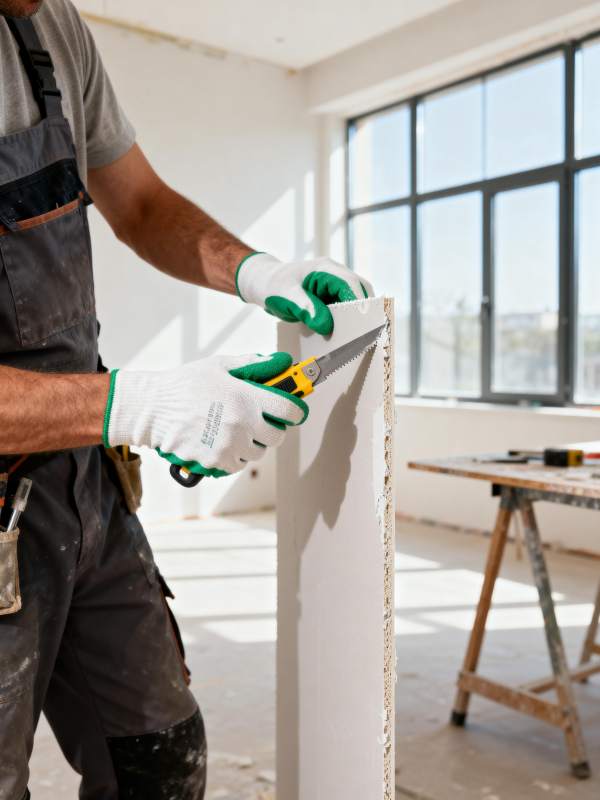 工人剪裁石膏板图片