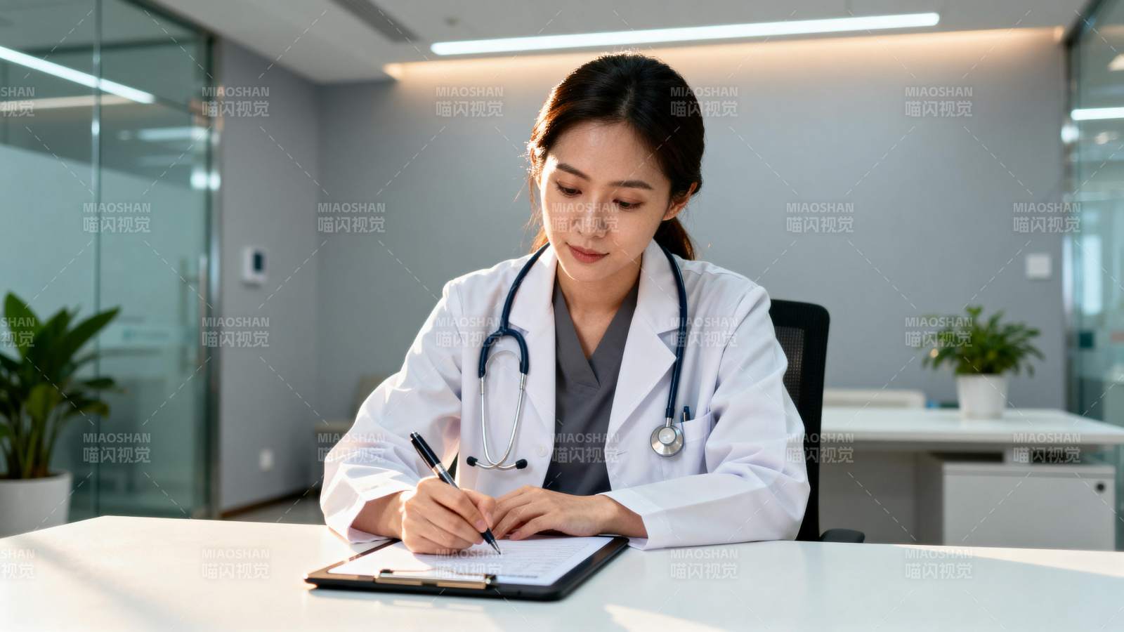 医生专注书写病历图片