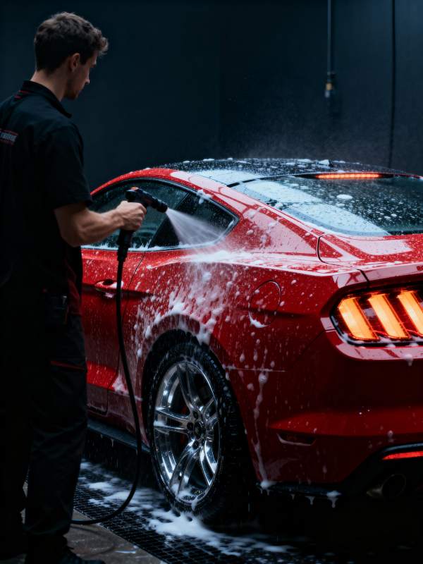 洗车工冲洗红色跑车图片