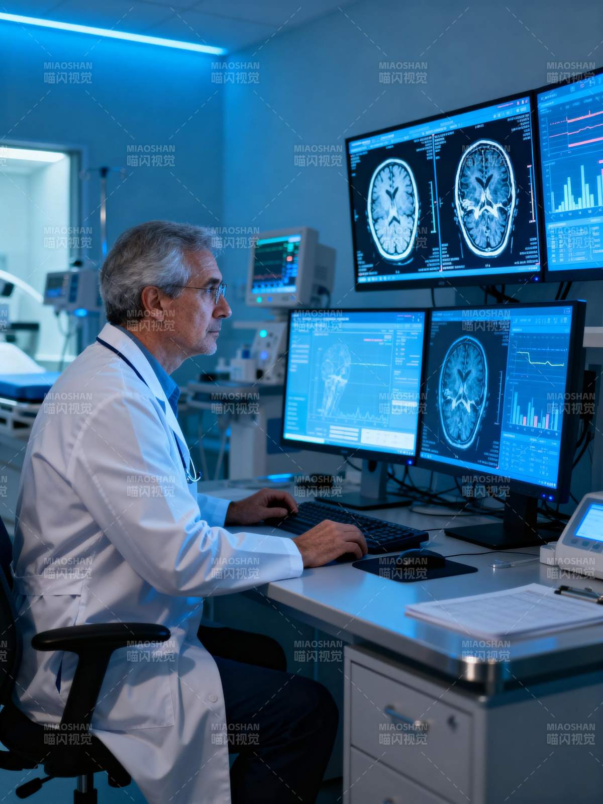 医生分析脑部扫描图片