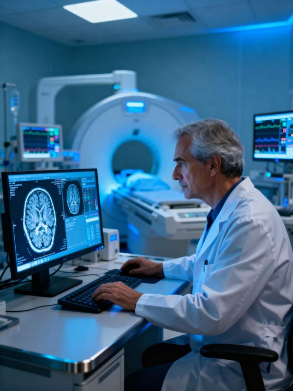 医生分析脑部扫描图片
