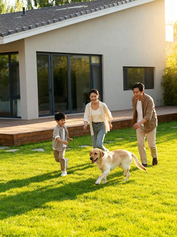 家庭与狗在庭院玩耍图片