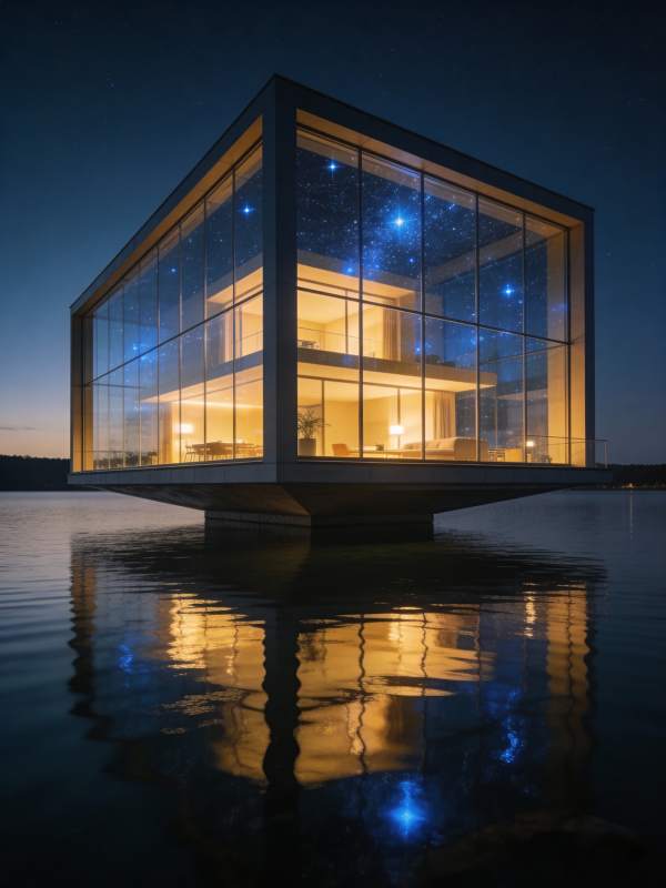 湖畔玻璃屋夜景图片