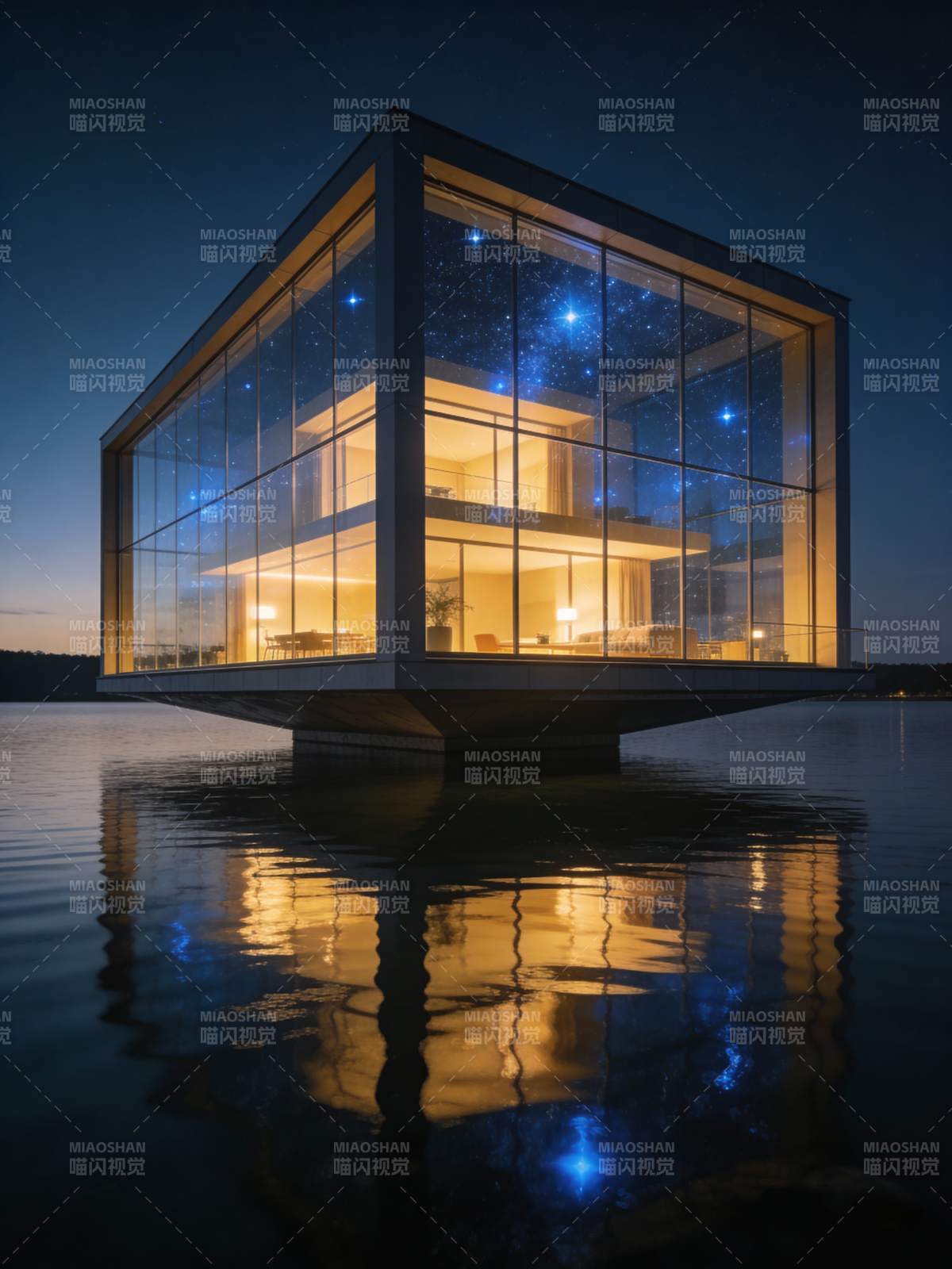 湖畔玻璃屋夜景图片