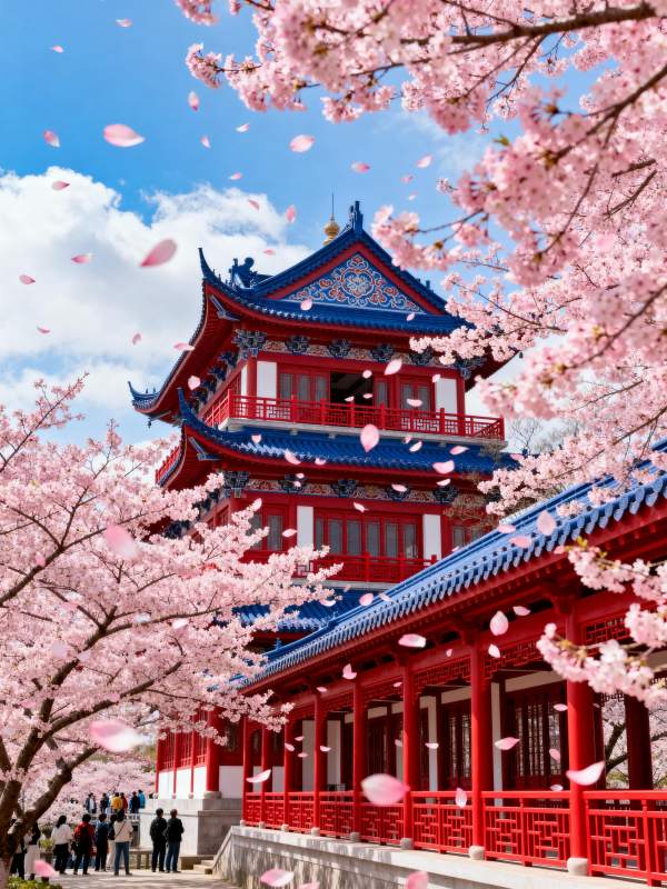 樱花映古塔图片