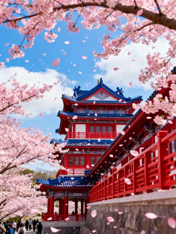 樱花映古塔图片