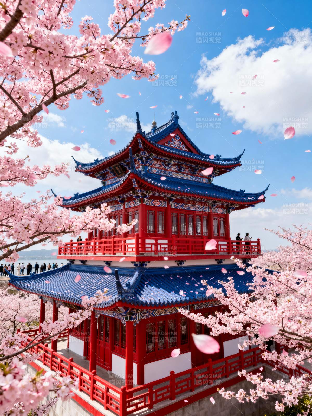 樱花映塔 春意盎然图片