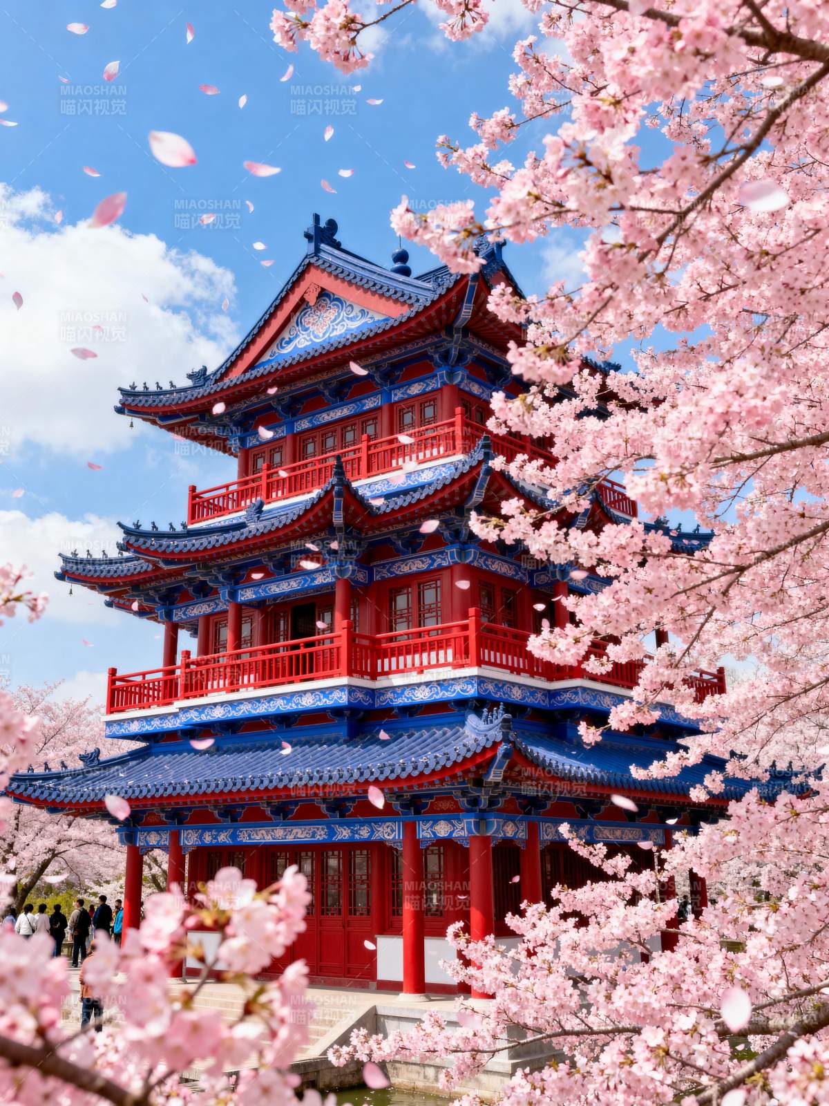 樱花映古塔图片