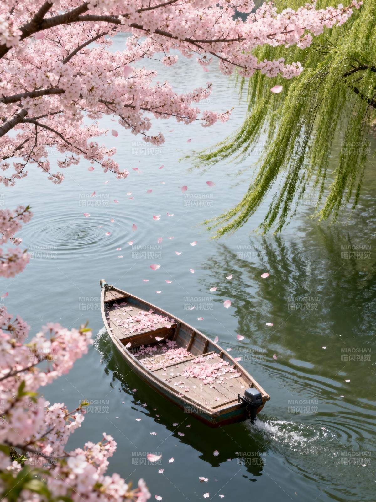 樱花落舟 春水涟漪图片