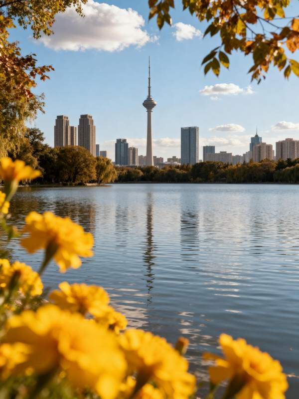 秋湖映塔城景图片