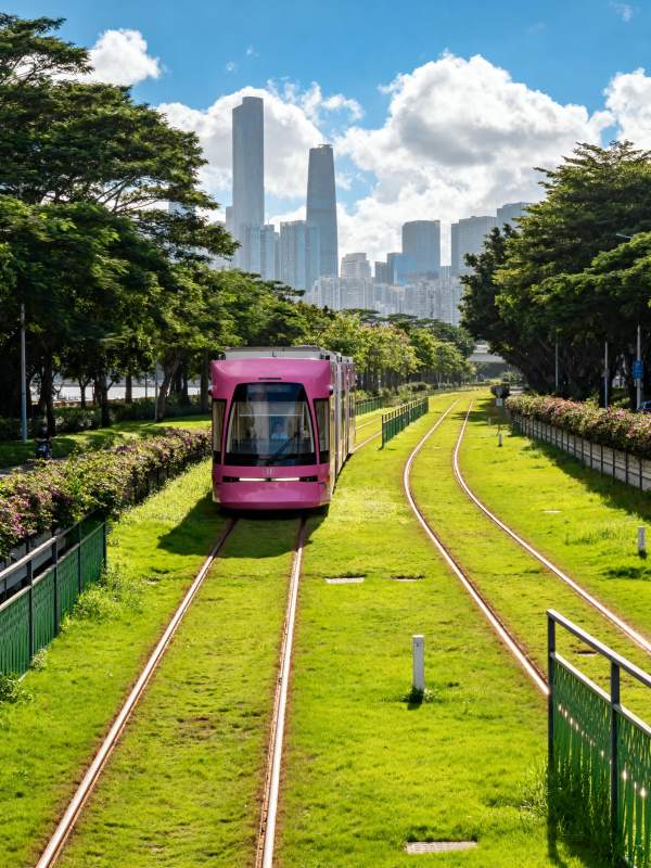 粉色电车穿行绿道图片