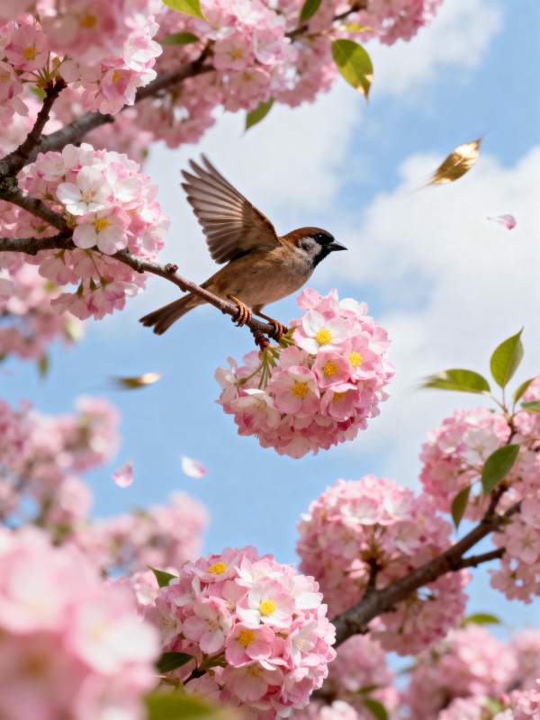 樱花枝头鸟飞舞图片