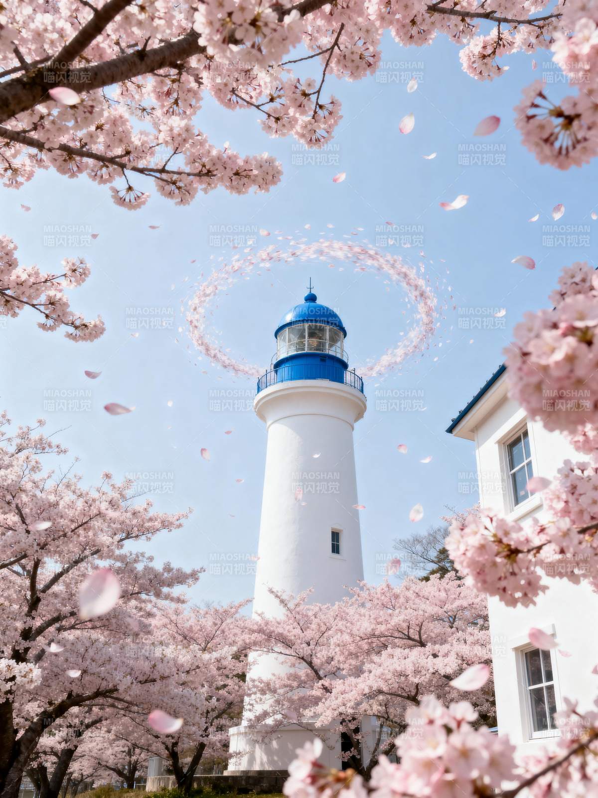 樱花环绕灯塔图片