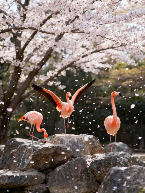 樱花下的粉红火烈鸟图片